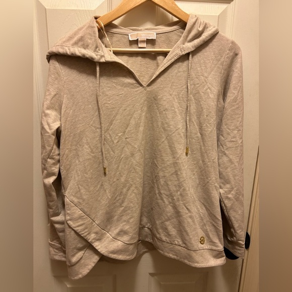 Michael Kors Tan Asymmetrical Hooded Shirt Sz L - Picture 1 of 10